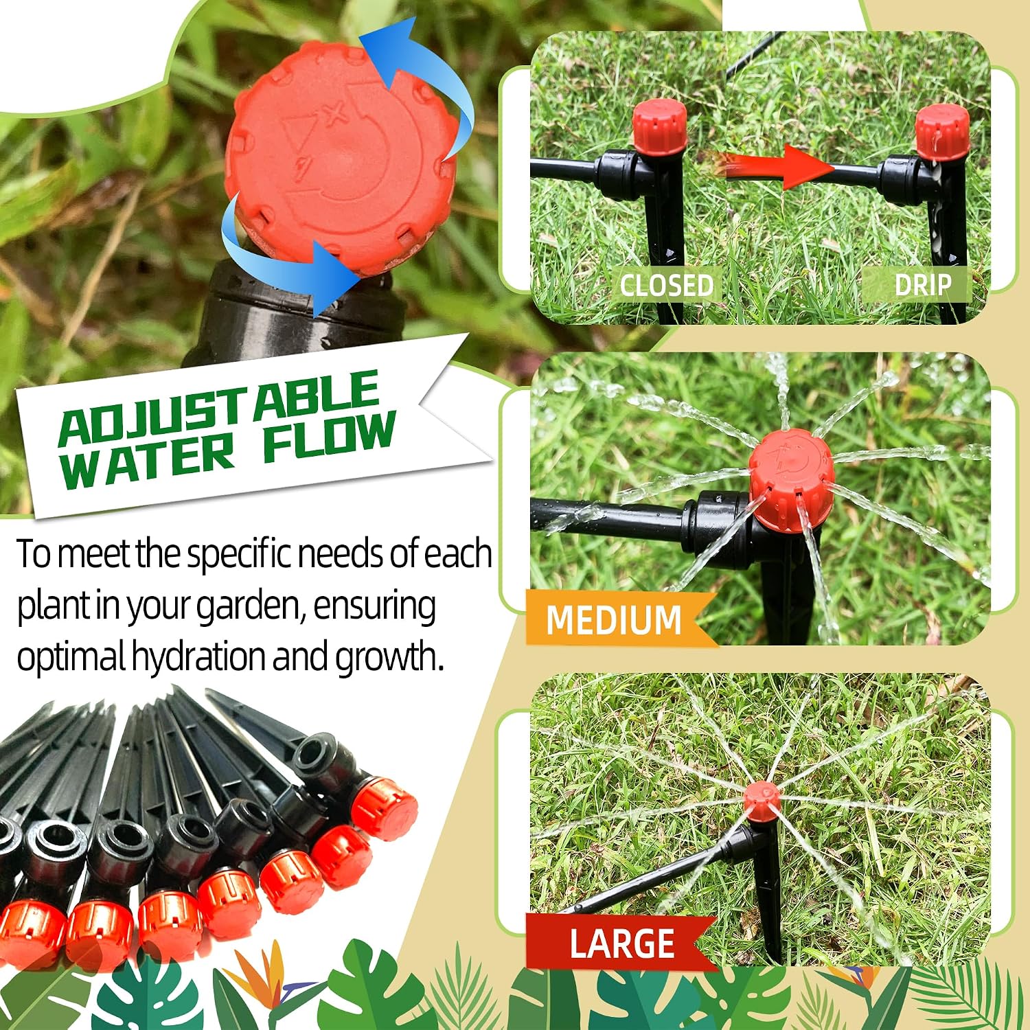 10PCS Push-to-Fit Drip Irrigation Emitters for 1/4 inch Irrigation Tubing, Adjustable 360 Degree Drip Emitter Sprayer with Stake, Irrigation Dripper Sprinklers for Drip Irrigation System