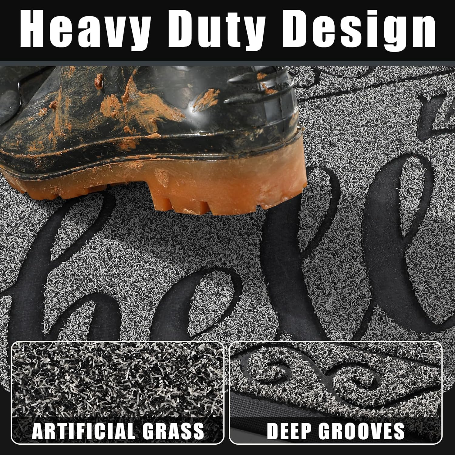 Yimobra Welcome Mats for Front Door 36x24, Heavy Duty Waterproof Outdoor Door Mat Outside Entrance, Non-Slip Low Profile Indoor Entryway Mat for Garage Patio, Black Gray