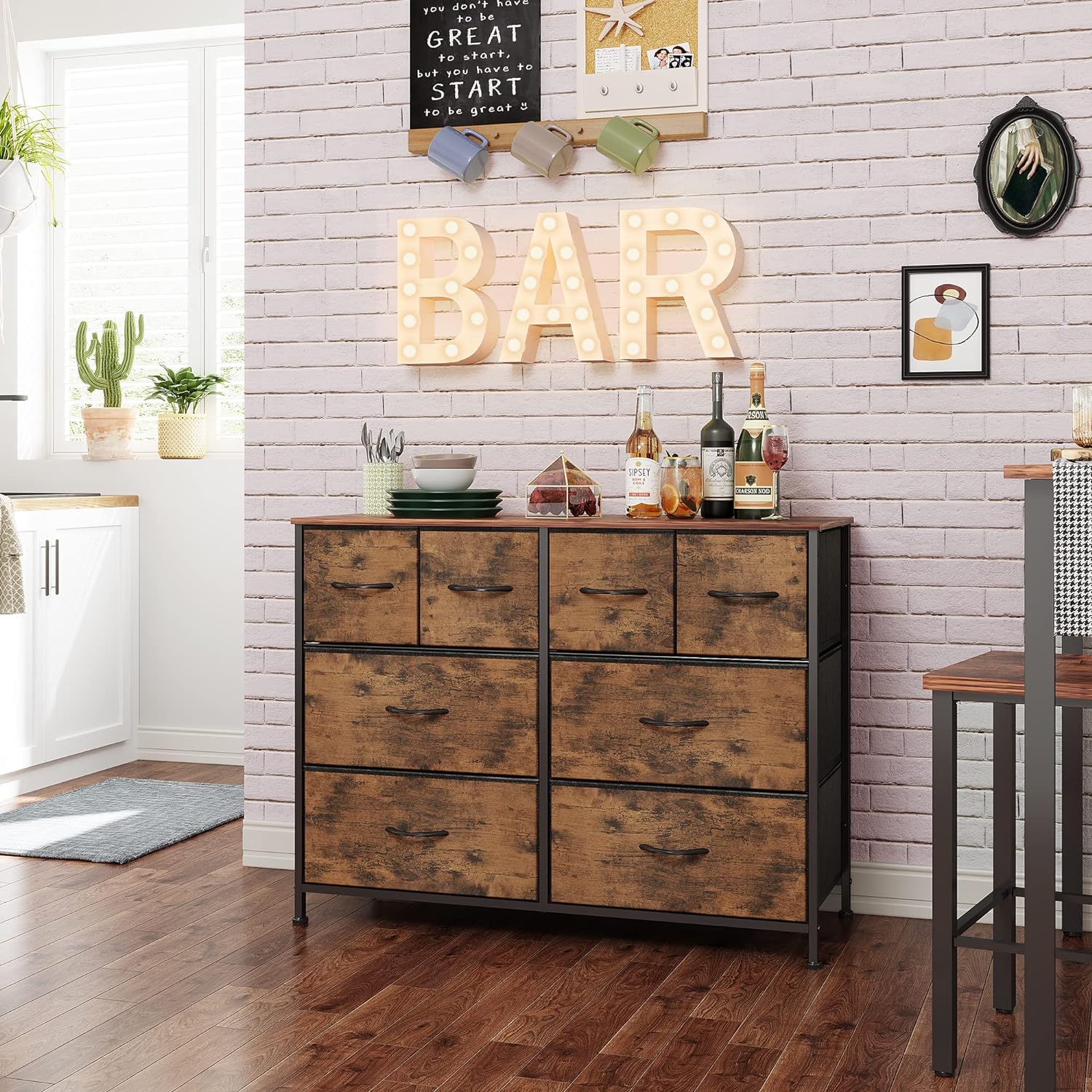 WLIVE Wide Dresser for Bedroom, 8 Drawer Chest of Drawers, Rustic Brown