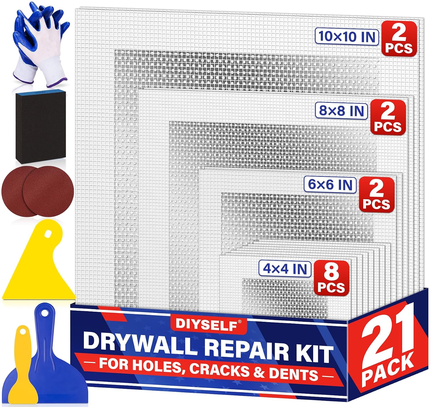 DIYSELF 21 Pack Drywall Repair Kit, 14 Mesh Patches, Wall Patch Repair Kit