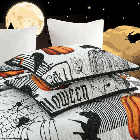 3 Pcs Halloween Pumpkin Quilt Bedspread Set (Halloween, King)