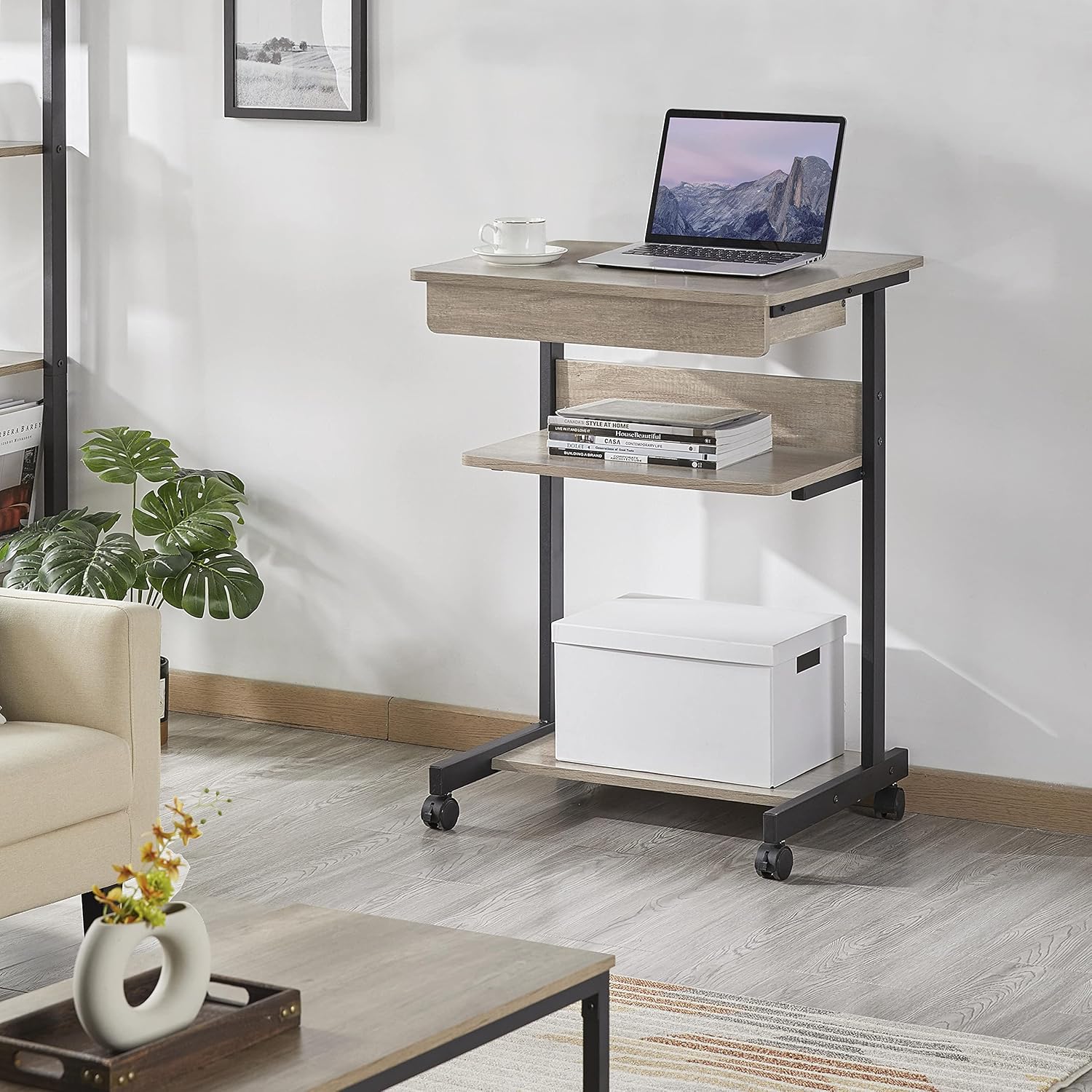 Topeakmart Gray Art Deco Desk, Rolling Computer Desk Cart with Drawer, Small Space Solution for Writing, Laptop, PC, 22 x 20.1 x 31.5 inches