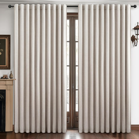 Curtains 70 Inch Length Wide Pleated Blackout Curtain for Sliding Glass Door, Farmhouse Natural Linen Thick Thermal for Summer Heat/Sound Noise Reducing Heavy Large Window Drapes (70"Wx102"Lx2Panels)