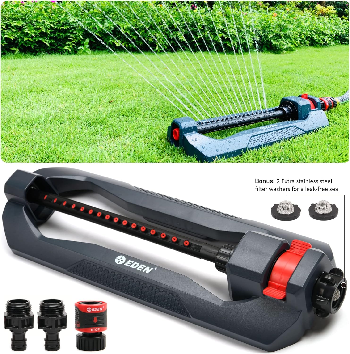 Eden 96213 Weighted Essential Oscillating Sprinkler | Covers Up to 3,600 sq. ft., 16 Precision Nozzles, Adjustable Range, Turbo Drive Motor, Quick Connect Bundle, Stainless Steel Filters, Black