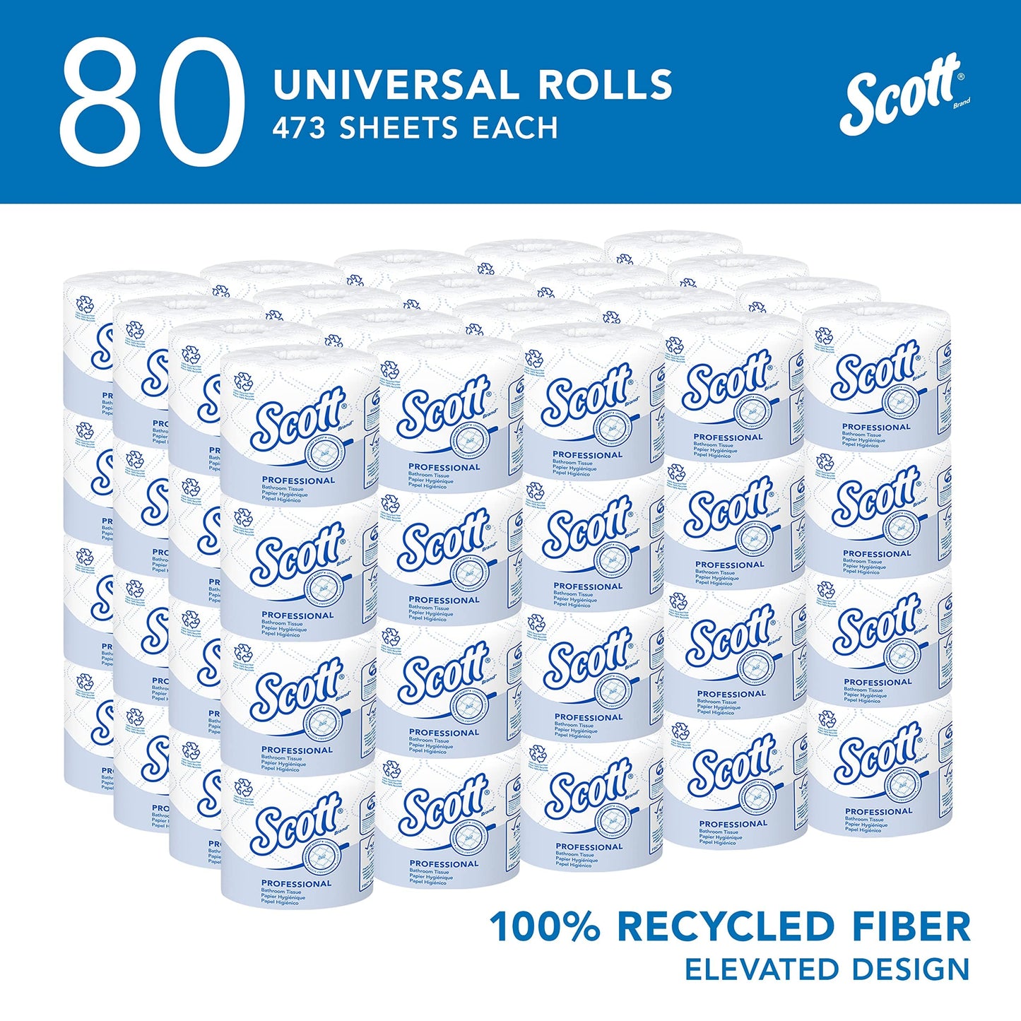 Scott® Professional 100% Recycled Fiber Standard Roll Toilet Paper, Bulk (13217), with Elevated Design, 2-Ply, White, Individually wrapped rolls (473 Sheets/Roll, 80 Rolls/Case, 37,840 Sheets/Case)