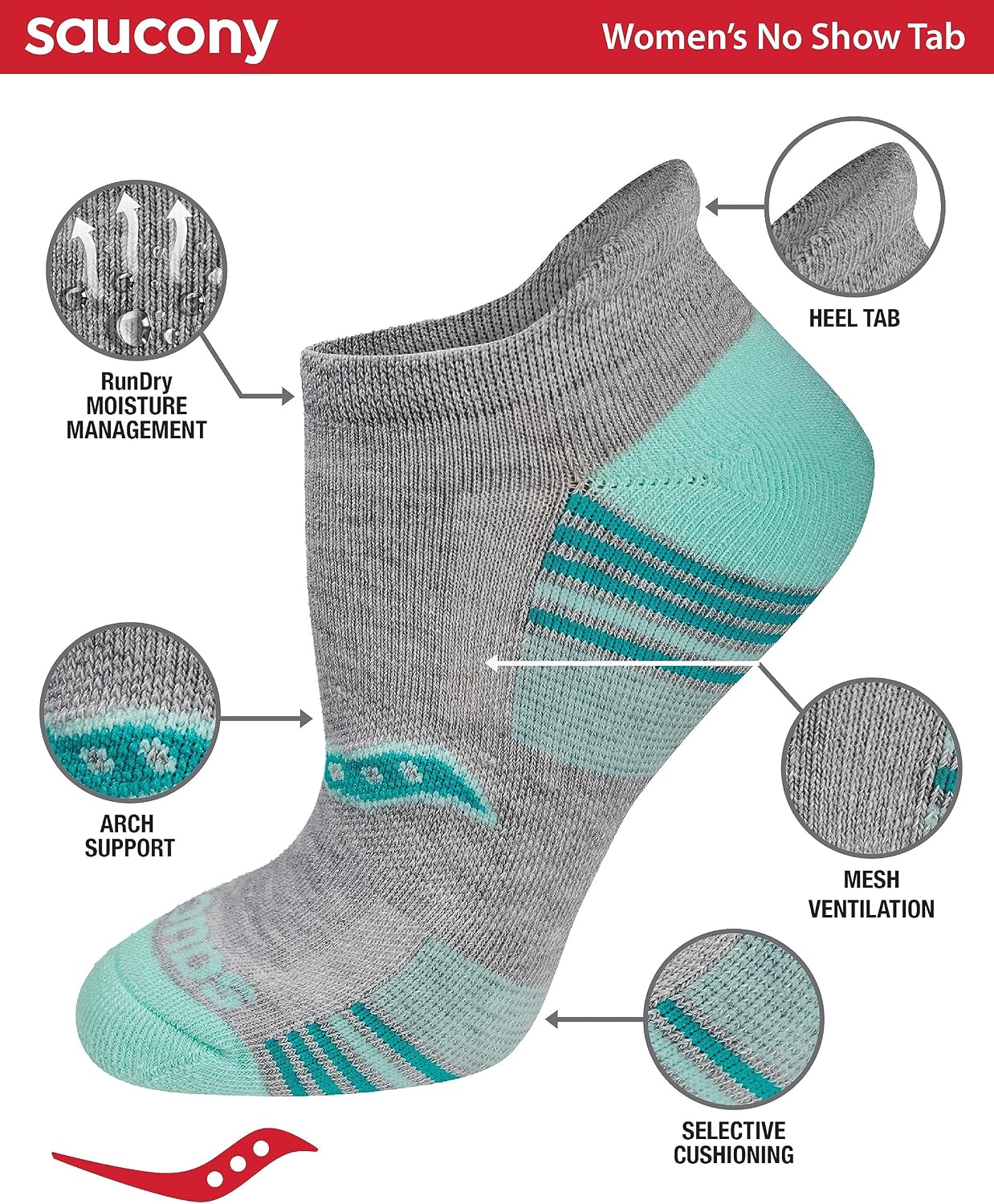 Saucony Women's RunDry Performance Heel Tab Athletic Socks, Available in S-L (8, 16, 24 Pairs)