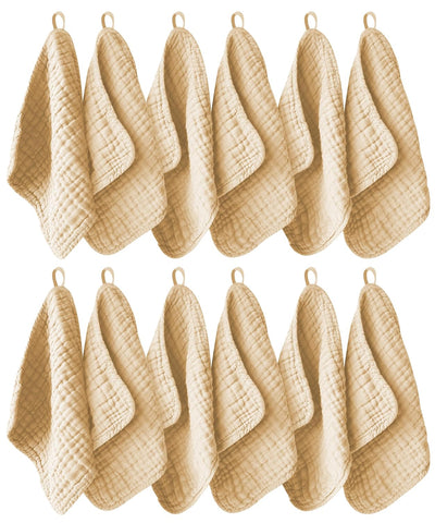 Ease Cubs 12 Pack Muslin Washcloths for Baby - 100% Cotton Baby Wash Cloths for or Baby Face Body Comfy and Soft for Newborn Infants Kids Girls and Boys - 12"x12" - Brown