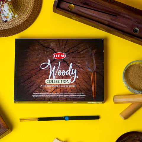 HEM Woody Series Premium Incense Sticks Combo | Sandalwood, Palo Santo, Forest, Feng Shui, Cedar & Madhur Chandan | 120 Sticks, 30-Minute Burn Time | Natural Aroma for Relaxation, Stress Relief