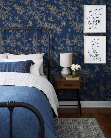 Froluya Dark Blue Peel and Stick Wallpaper Vintage Floral 17.7in×590.5in