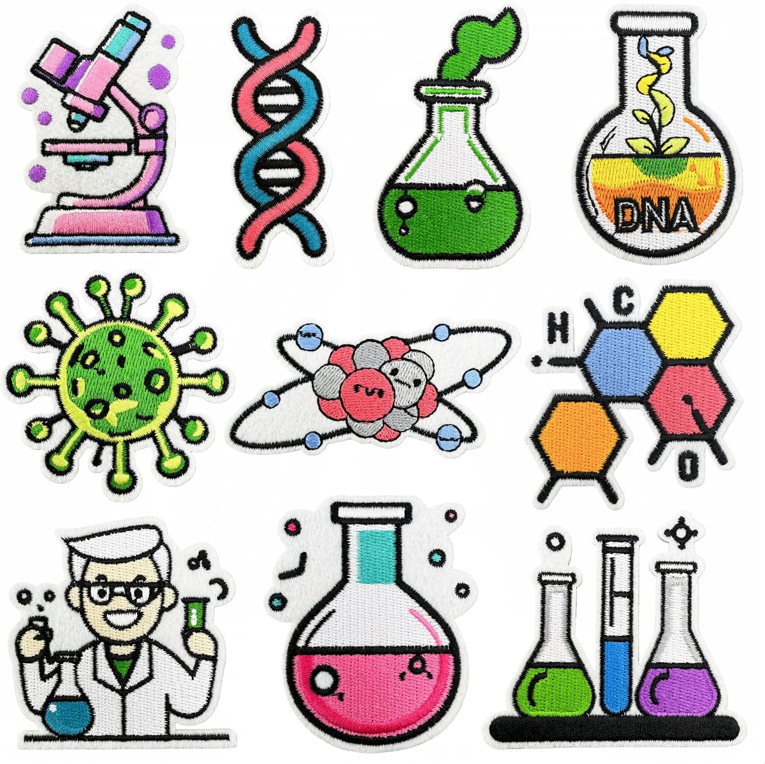 10 Pcs Science Laboratory Iron on/Sew on Patches, Back to School Embroidered Applique Patches, Clothes Backpacks Hats Pants Jackets Jeans Decoration, Student Classroom Prizes