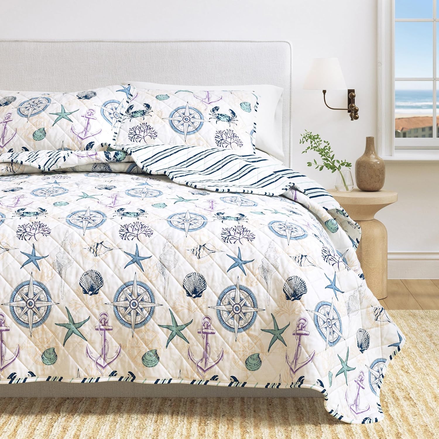 Great Bay Home Coastal Quilt Set - 3-Piece Full/Queen Size Blue Nautical Bedding Set - Lightweight, All-Season, Reversible Bedspread (Nautical Motif)
