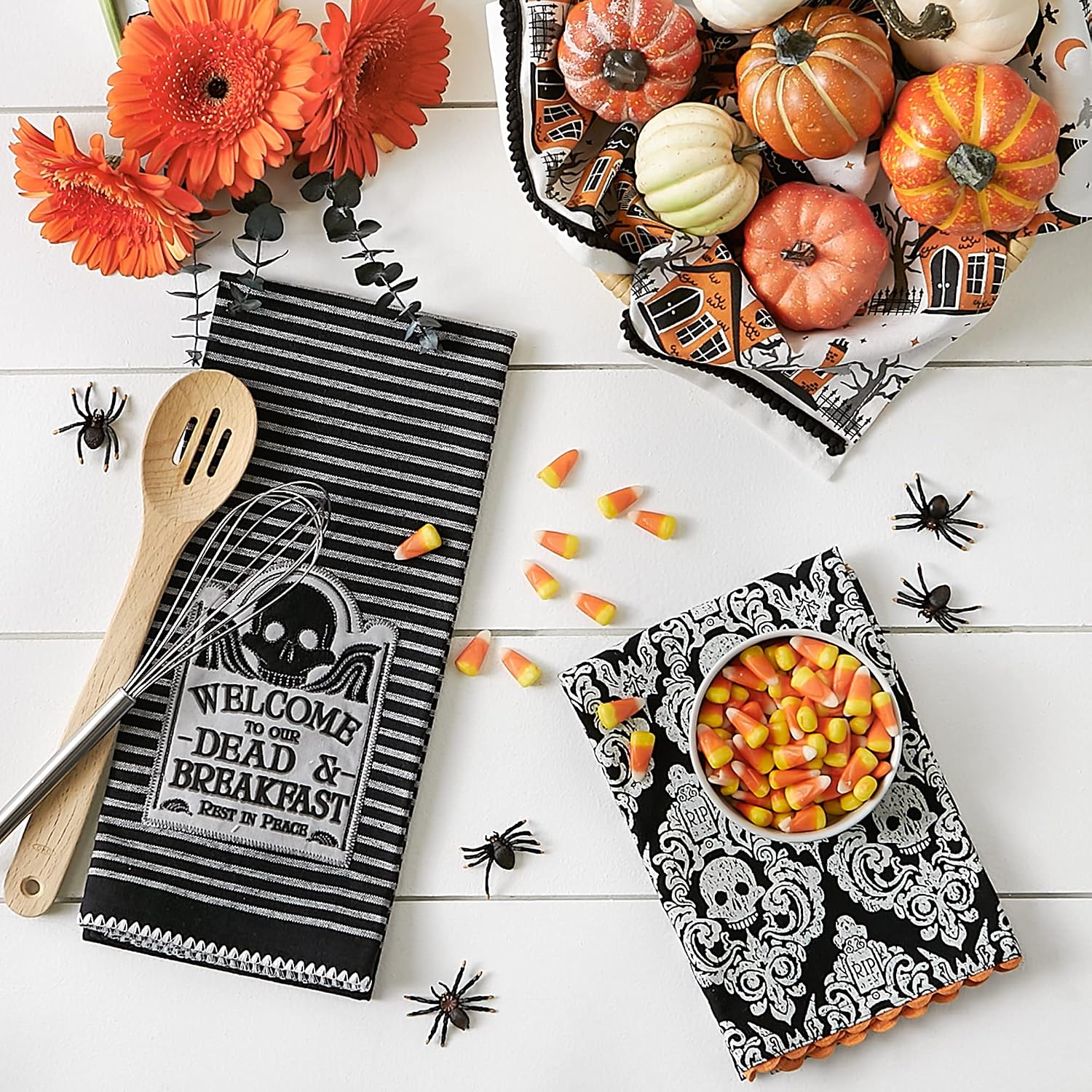 DII Happy Halloween Dishtowel Collection Embellished Cotton Kitchen Hand Towel Set, 18x28, Skull Damask/Haunted House, 3 Count