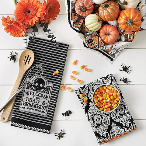 DII Happy Halloween Dishtowel Collection Embellished Cotton Kitchen Hand Towel Set, 18x28, Skull Damask/Haunted House, 3 Count