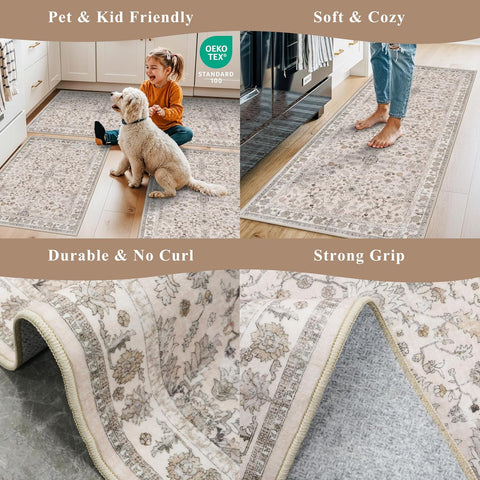 3x7 Washable Non-Slip Kitchen Runner Rug – Soft Low-Pile Stain-Resistant Carpet for Hallway Entryway Bedroom Laundry Room Bathroom – Boho Floral Wide Floor Runner with Rubber Backing (Beige,3x7)