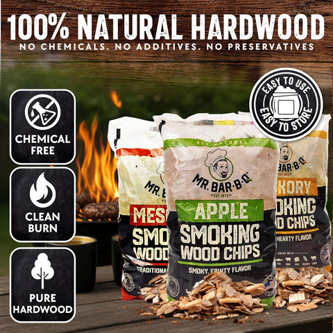 Wood Smoker Chips Bundle of 3 Flavors - Apple, Mesquite & Hickory Wood Chips by Mr. Bar-B-Q, Can be Used on Gas & Charcoal Grill, Variety of Flavors for Smokers, Grilling, BBQ, Camping(3 x 1.8 Lb Bag)