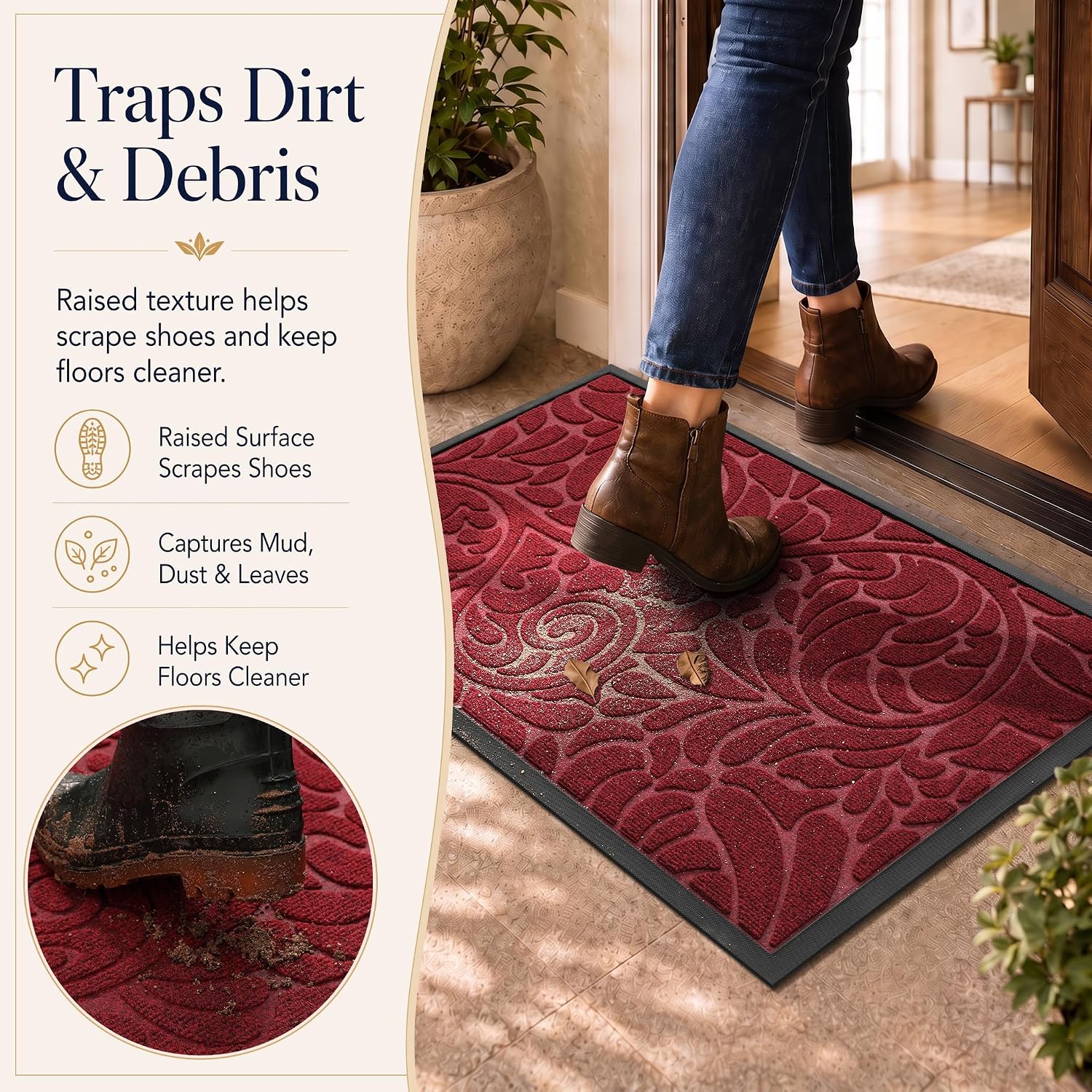 Yimobra Door Mat Outside Entrance 29.5x17, Waterproof Sturdy Outdoor Mats for Front Door, Heavy Duty Non-Slip Doormat for Garage Patio Entryway Indoor, Easy Clean, Red