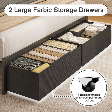 Fluest Twin Bed Frame with Storage Drawers, Upholstered Headboard with Charging Station, LED Lights, Fabric Drawers with Wheels, Under Bed Storage, No Box Spring Needed, Easy Assembly, Grey