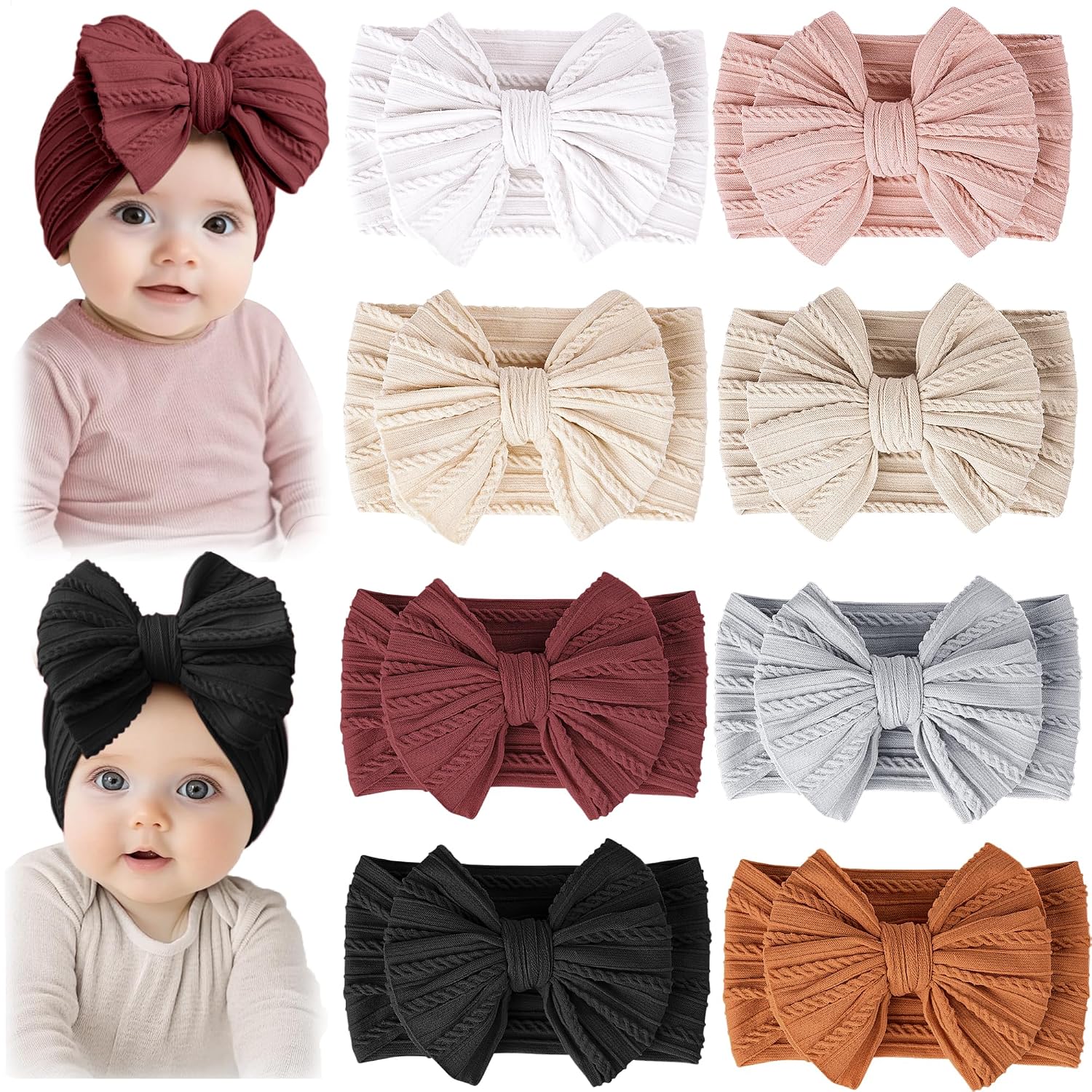 Prohouse 8 Pack Baby Bows Headbands for Girls, Newborn Nylon Headbands