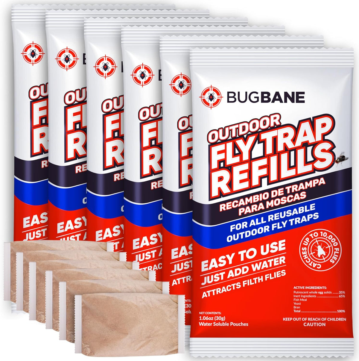 Fly Bait Fly Trap Refill Packets 6x1oz. Non Toxic Dissolvable Granules Work with All Reusable Flies Traps Outdoors Attractant. Flies Trap Bait Magnet Ranch Flytrap Outdoors. Cebo para Moscas