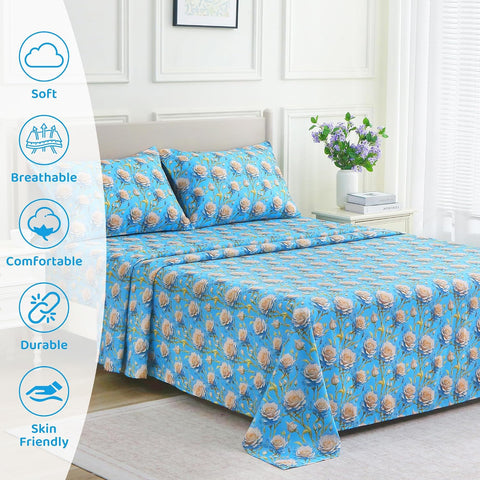Mooreeke Cozy Floral Microfiber Printed Twin Sheet Set - Soft & Breathable 3D Rose Bed Sheets with Deep Pocket - Non-Slip Fitted Design - Blue White Rose Pattern - Queen