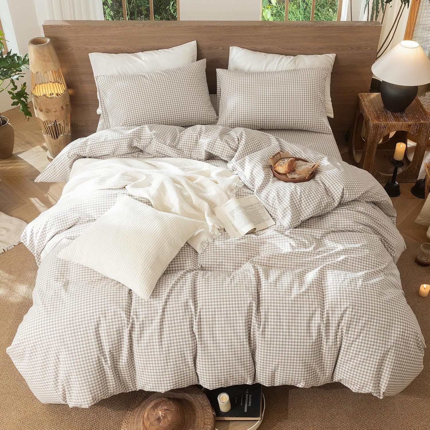 MooMee Gingham Duvet Cover Set 100% Washed Cotton Linen Like