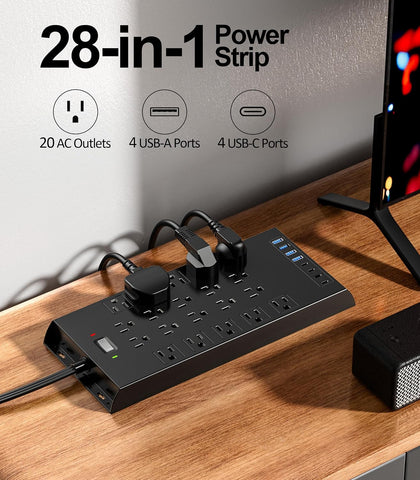 Surge Protector Power Strip 4800J, LeZone 10Ft Long Extension Cord Flat Plug, 20 Outlets 4 USB-A 4 USB-C Ports, Wall Mountable, Home Office Dorm Essentials, Black