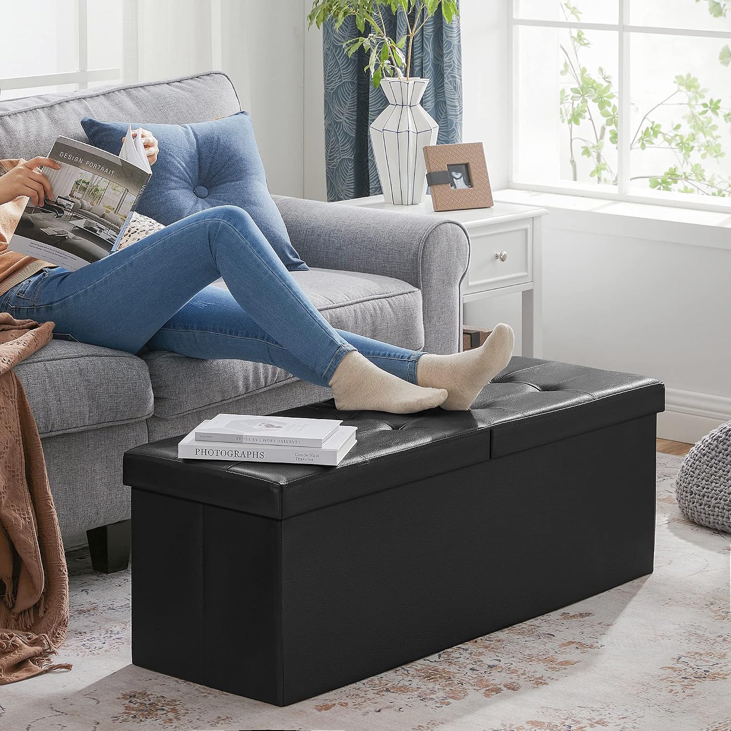 SONGMICS 43.3 Inches Folding Storage Ottoman Bench with Flipping Lid