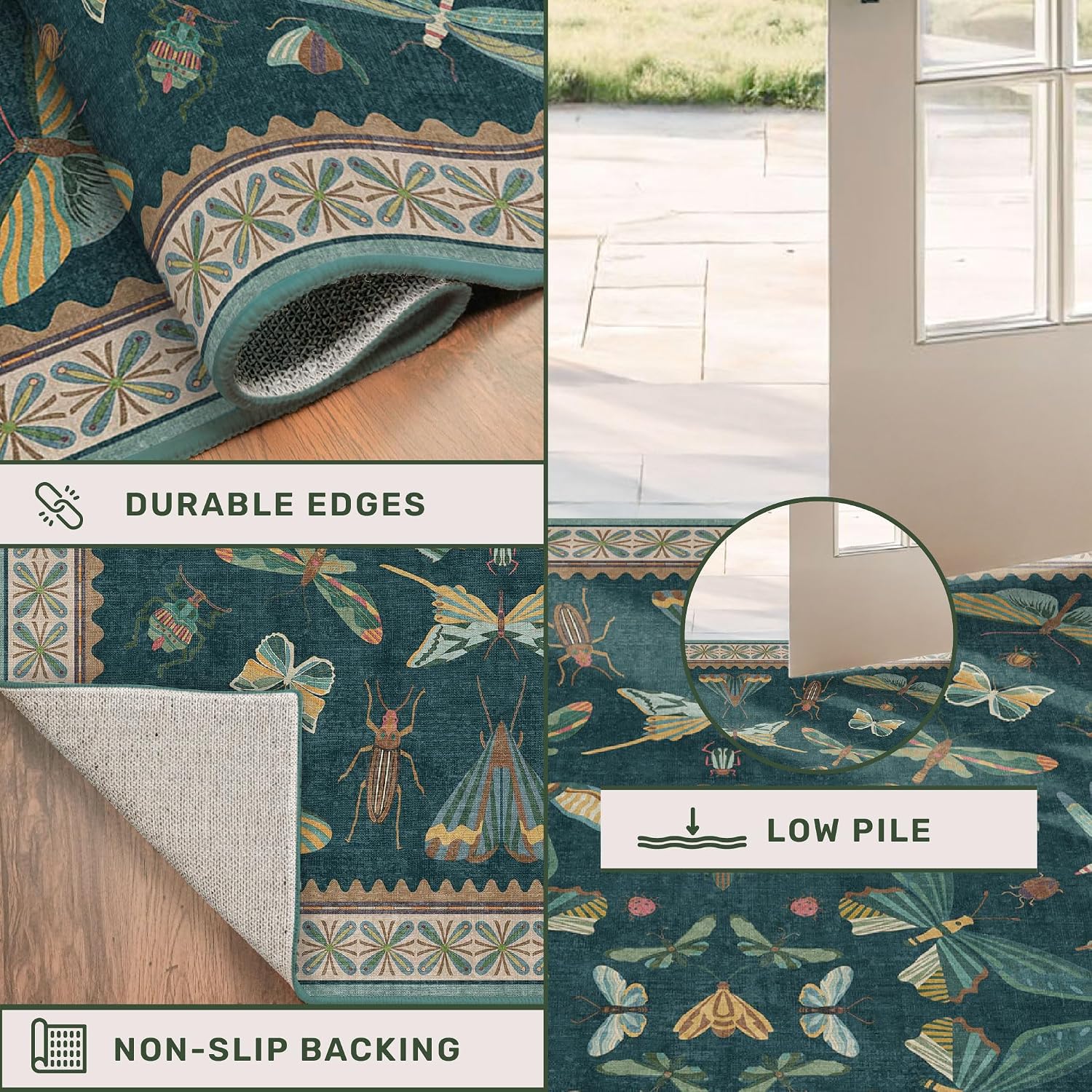 Teal 3x4 Entryway Rug - Washable Door Rug Indoor for Large Kitchen, Living Room, Thin & Foldable Low Pile Insect Décor