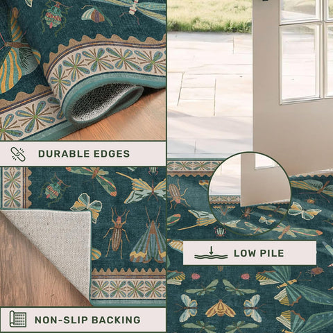 Teal 3x4 Entryway Rug - Washable Door Rug Indoor for Large Kitchen, Living Room, Thin & Foldable Low Pile Insect Décor