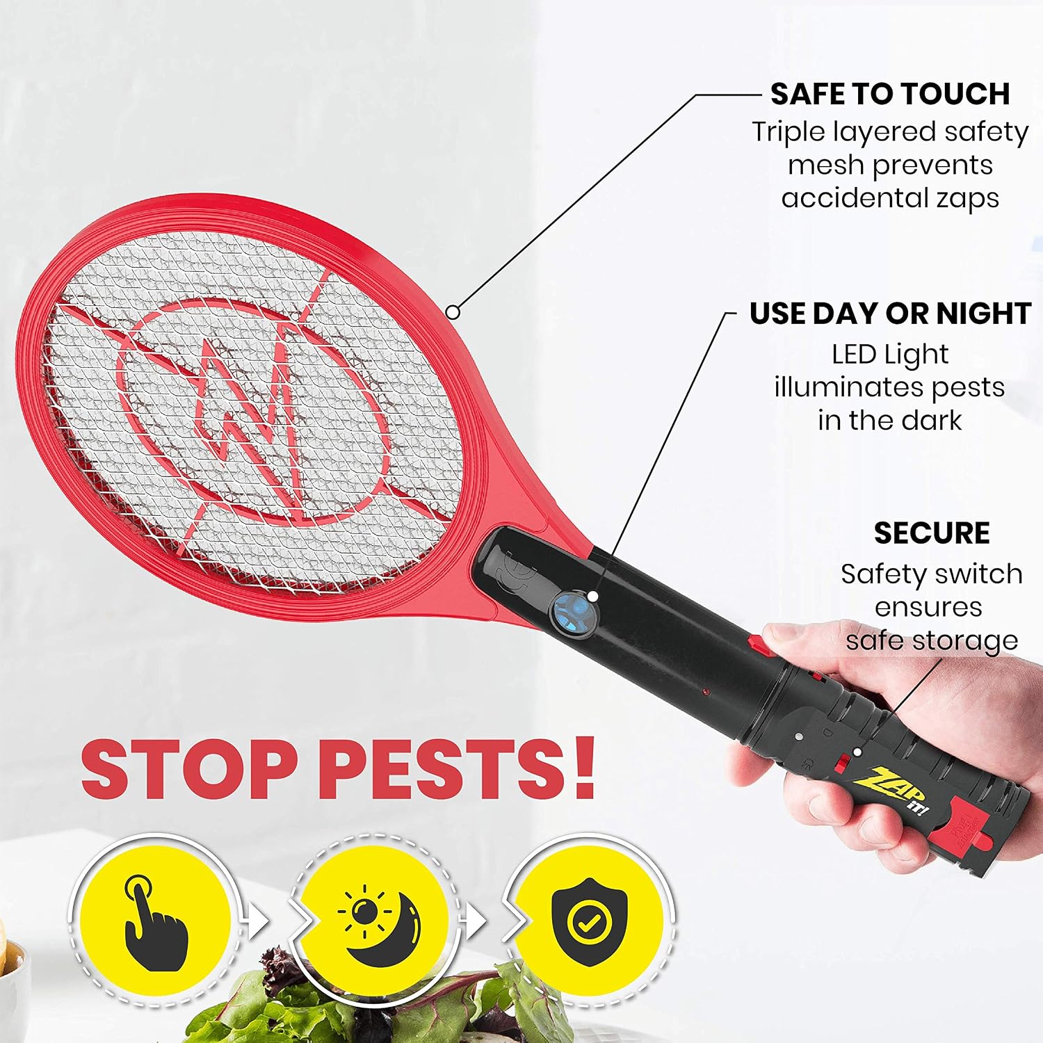 ZAP IT! Rechargeable Electric Fly Swatter Racket - 4,000-Volt Mosquito Zapper with USB Charging Cable and LED Light -Small- Safe 3-Layer Mesh, Red, 2-Pack, Bug Zapper Racquet for Indoors and Outdoors