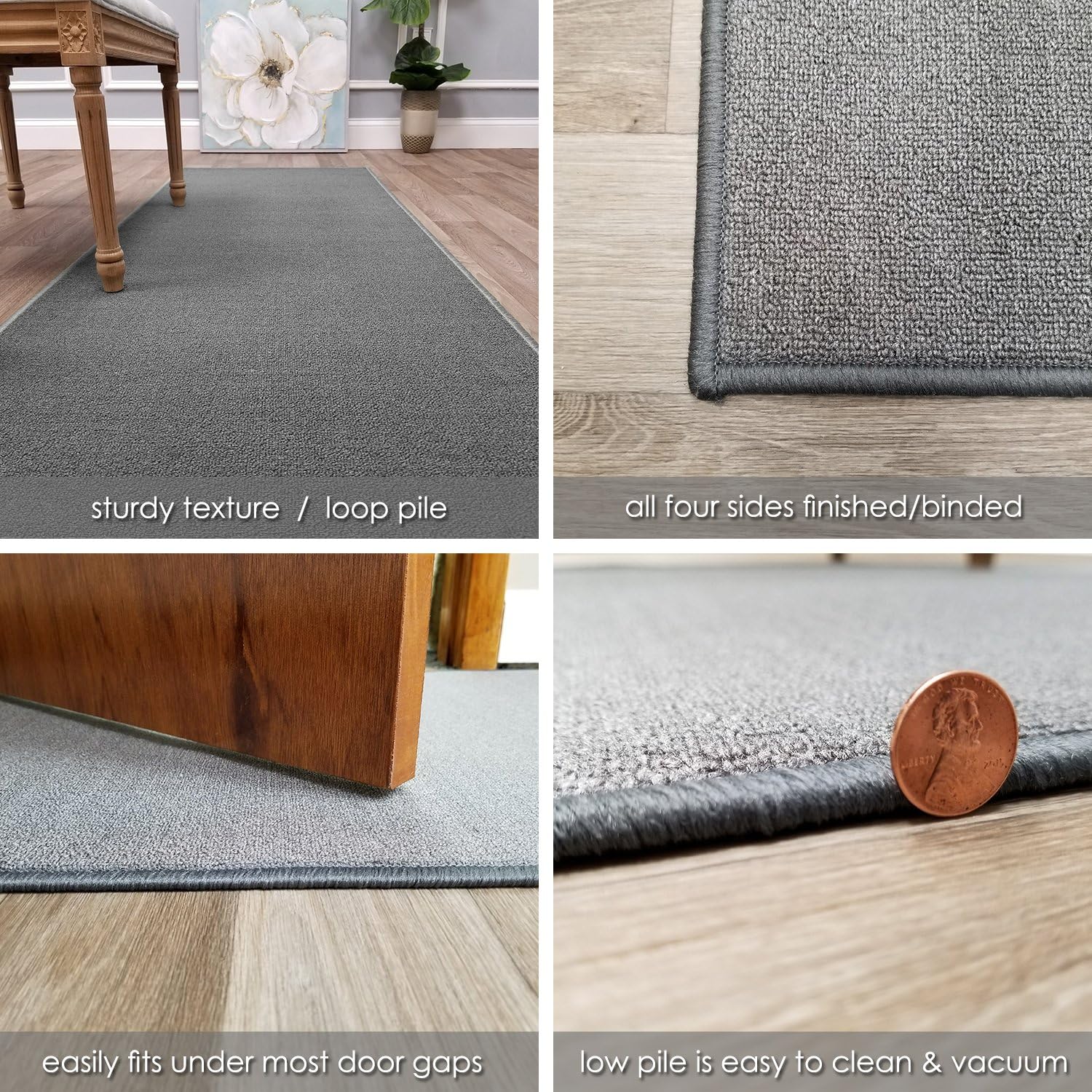 Kapaqua Custom Size Solid Plain Rubber Backed Non-Slip Hallway Stair Runner Rug Carpet Grey, 22in x 6ft
