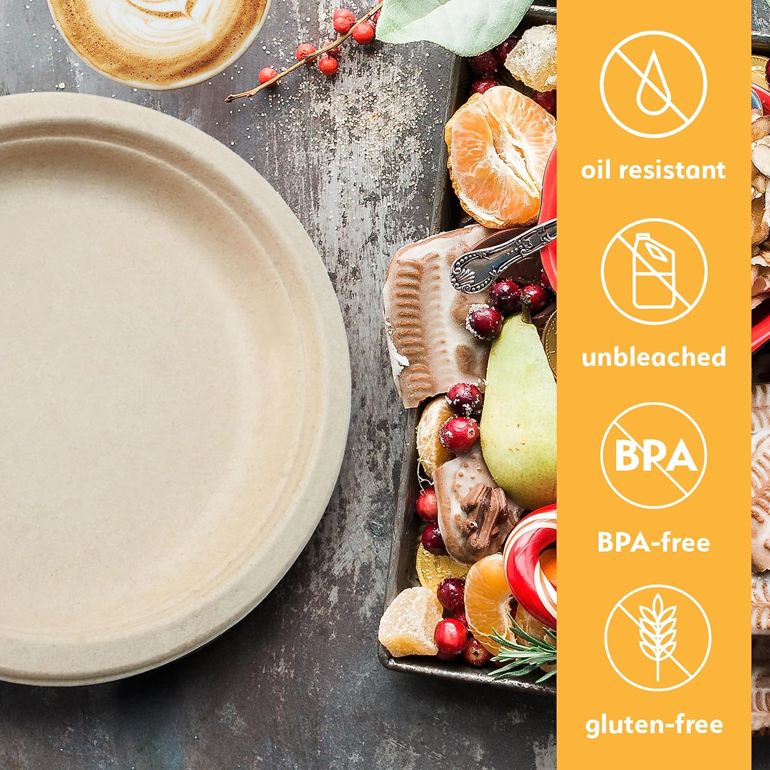 100% Compostable Disposable Paper Plates Bulk [9" 125 Pack], Bamboo Plates, Eco Friendly, Biodegradable, Sturdy Large Dinner Party Plates, Heavy-Duty, Unbleached by Earth's Natural Alternative