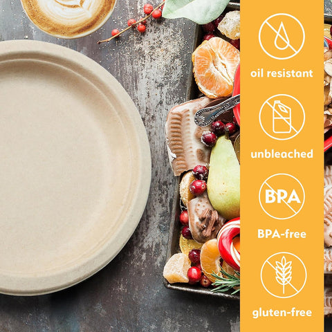 100% Compostable Disposable Paper Plates Bulk [9" 125 Pack], Bamboo Plates, Eco Friendly, Biodegradable, Sturdy Large Dinner Party Plates, Heavy-Duty, Unbleached by Earth's Natural Alternative