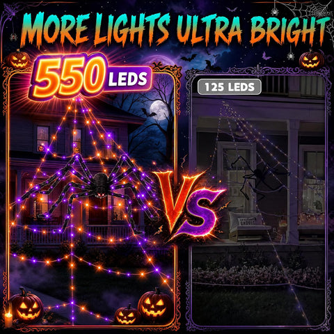 Halloween Decorations Outdoor Spider Web Lights - 550 LEDs Purple and Orange Remote Control Timer Plug in Giant Halloween Decor Cobwebs - 11 Modes Lighting Waterproof Yard Garden Party Decorations