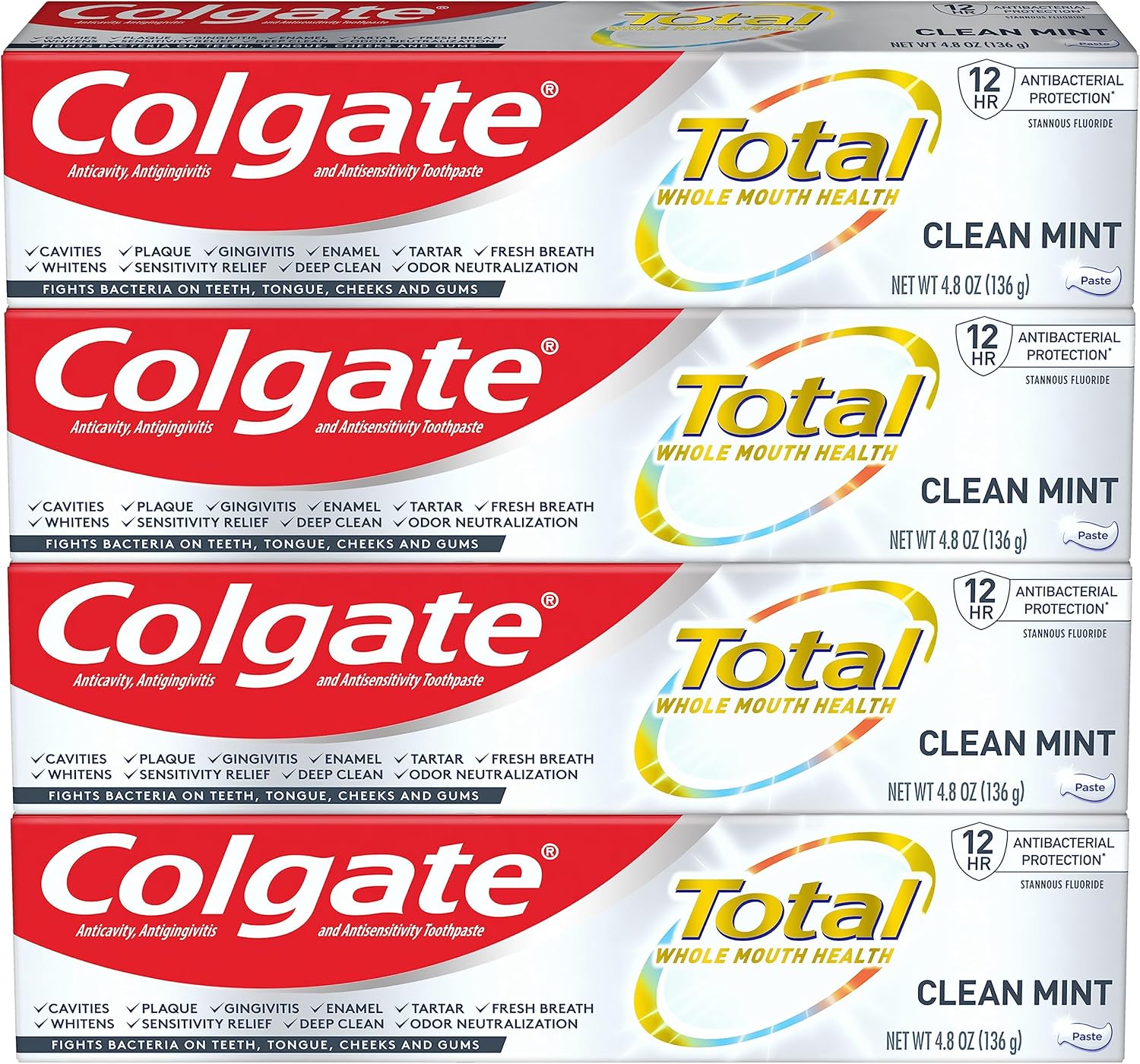 Colgate Total Toothpaste with Whitening, Clean Mint, 4.8 Ounce (Pack of 4)