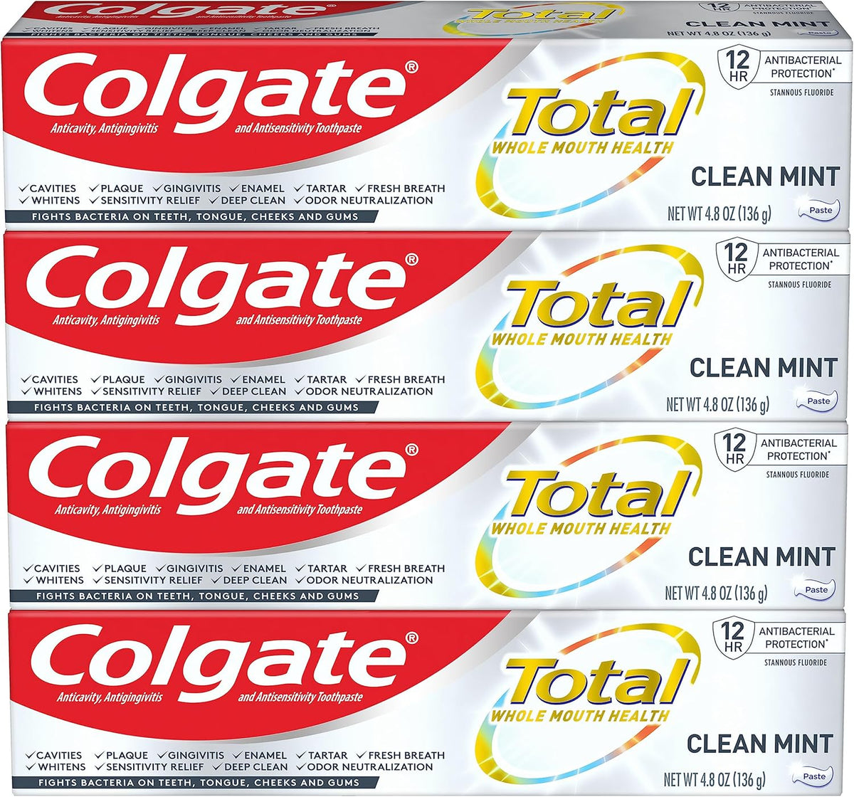 Colgate Total Toothpaste with Whitening, Clean Mint, 4.8 Ounce (Pack of 4)