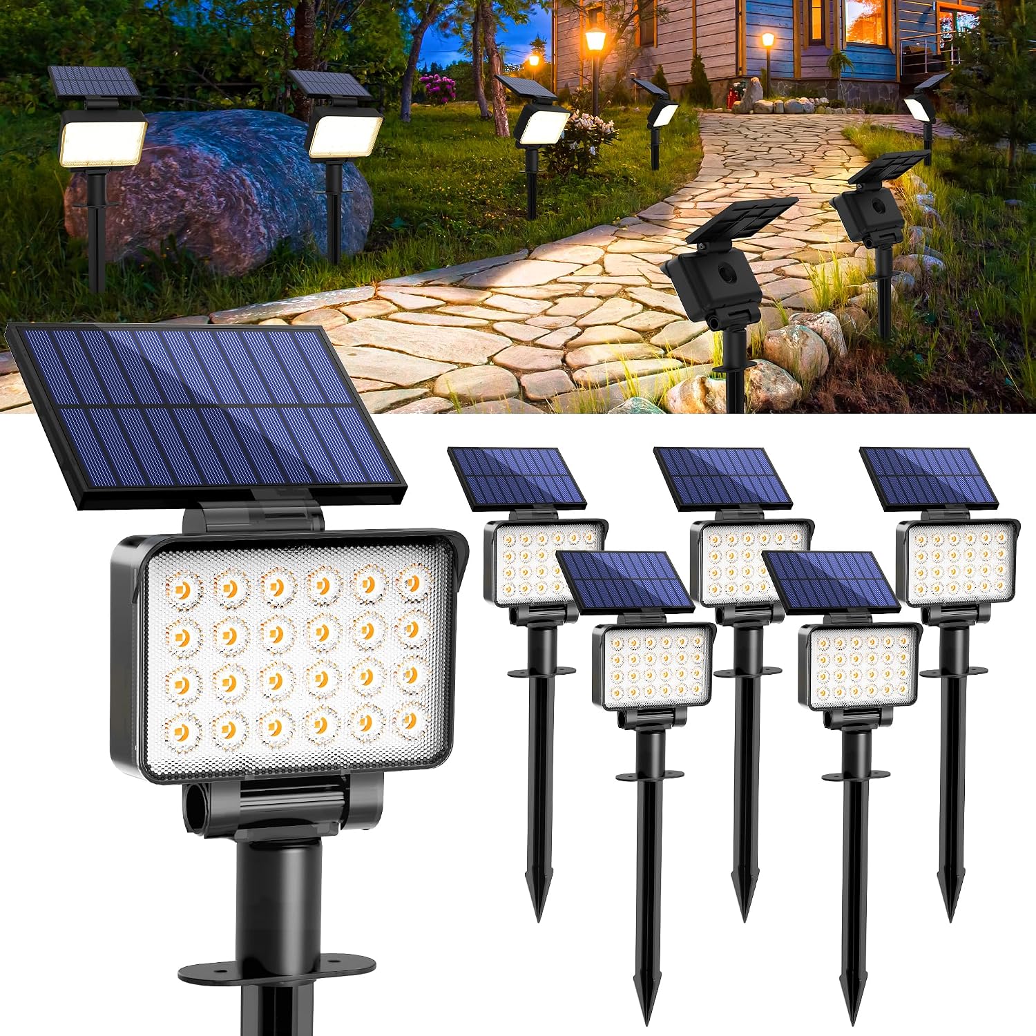 Solar Spot Lights Outdoor Waterproof, 6 Packs, Warm White