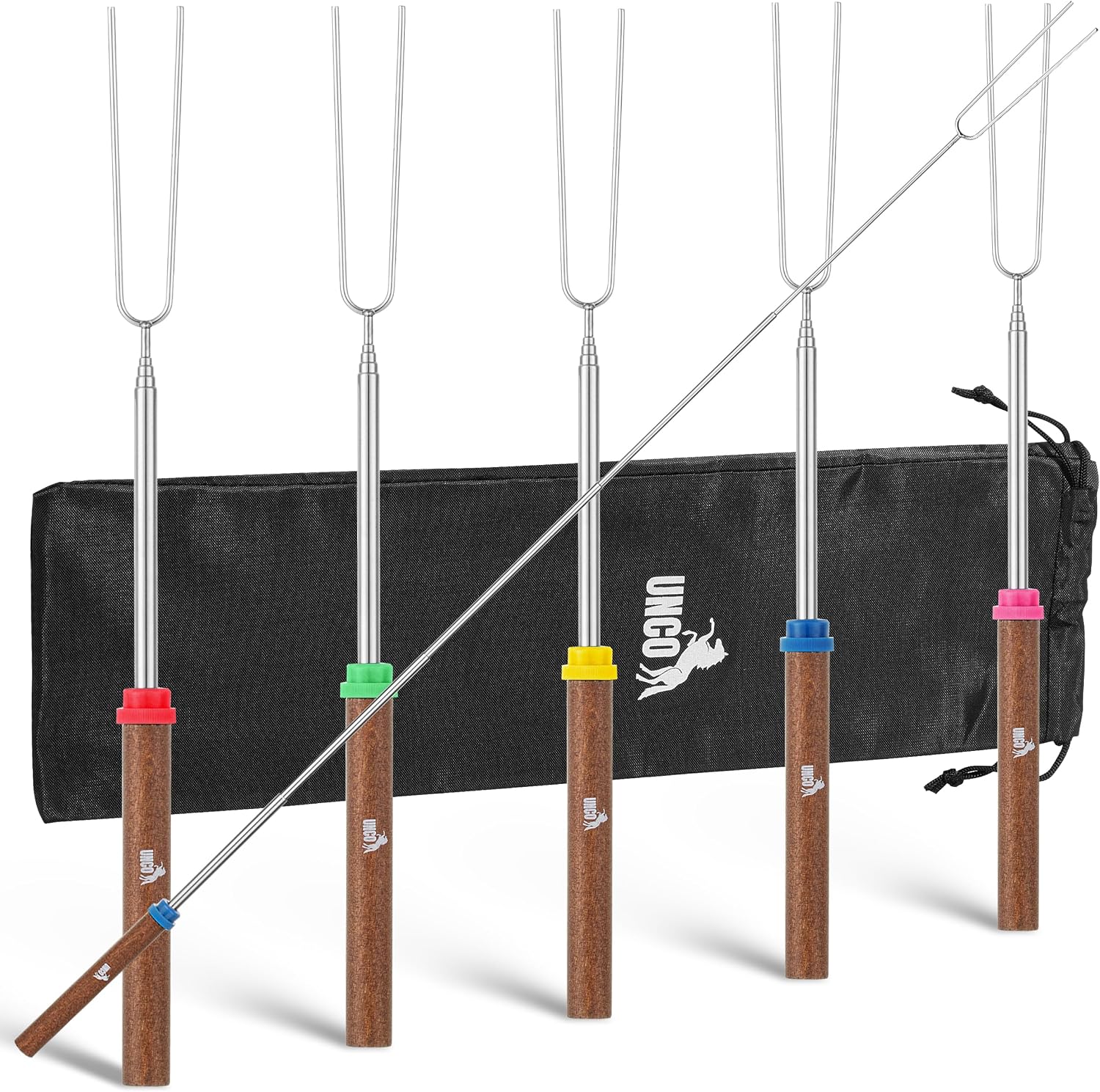 UNCO- Marshmallow Roasting Sticks, 32”, 5 Pack, Dark Brown Wooden Handle, Extendable Stainless Steel Smores Sticks for Fire Pit, Smores Skewers, Campfire Cooking Equipment