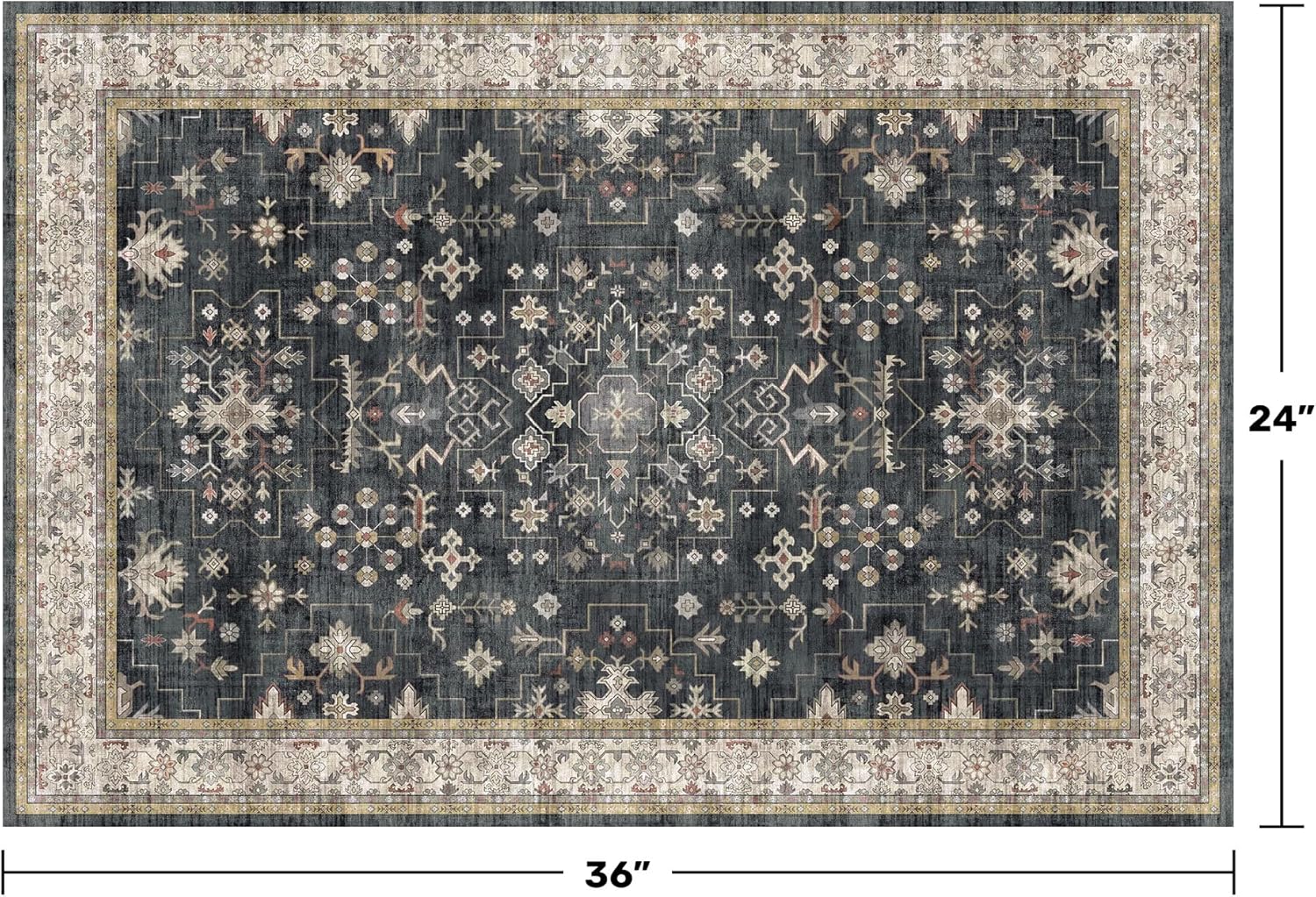 Black Washable 2x3 Entry Rug, Small Rugs for Entryway Kitchen Bathroom Door Mat Indoor Entrance, Non Slip Rubber Backing, Stain & Fade Resistant, Ashen Charcoal Floral Farmhouse Decor