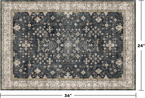 Black Washable 2x3 Entry Rug, Small Rugs for Entryway Kitchen Bathroom Door Mat Indoor Entrance, Non Slip Rubber Backing, Stain & Fade Resistant, Ashen Charcoal Floral Farmhouse Decor