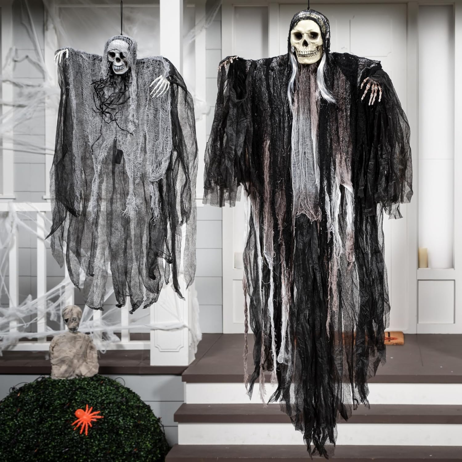 JOYIN 2 Pcs Halloween Hanging Grim Reaper Decorations Outdoor, Halloween Hanging Skeleton Ghosts Scary Decor for Yard Patio Outside Lawn Garden, Haunted House Prop, Party Supplies
