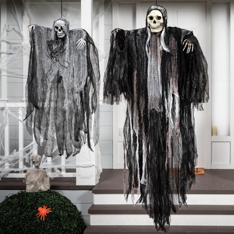 JOYIN 2 Pcs Halloween Hanging Grim Reaper Decorations Outdoor, Halloween Hanging Skeleton Ghosts Scary Decor for Yard Patio Outside Lawn Garden, Haunted House Prop, Party Supplies