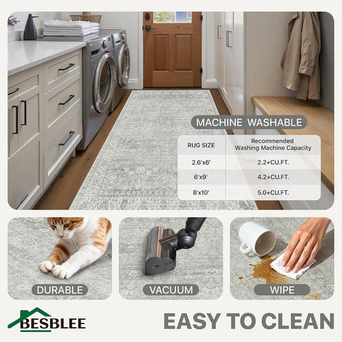 BESBLEE 5X7 Grey Area Rug for Living Room, Washable Non Slip Rug