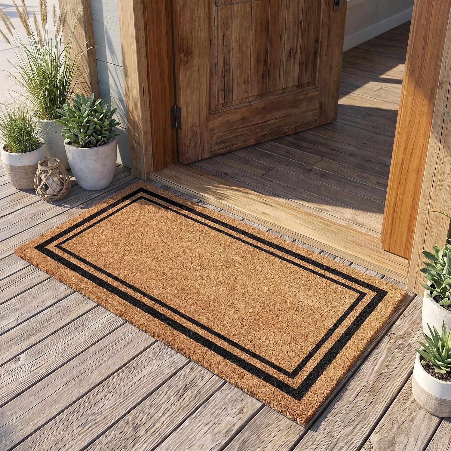 Kempf Black Border Coco Coir Doormat, 24" x 72", Non-Slip Backing, Heavy Duty Natural Fiber Front Door Welcome Entrance Mat, Low Clearance, Outdoor Indoor