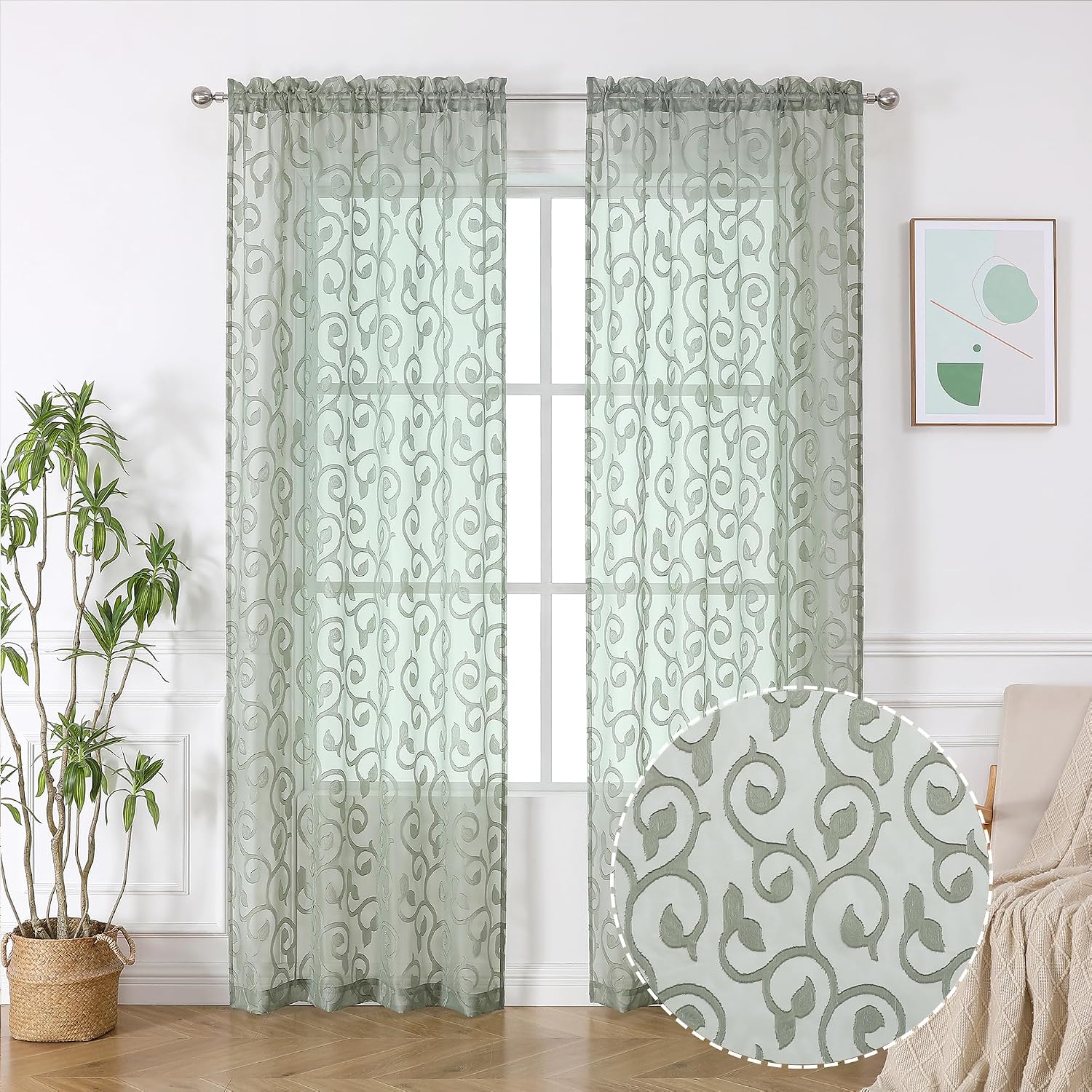OWENIE Furman Sage Green Kitchen Curtains Tiers 36 inch Length, Light Filtering Soft Airy Clear Cafe Curtain for Living Room Bedroom Farmhouse Small Windows Half Curtains, 2 Pcs, Each 40Wx36L inch