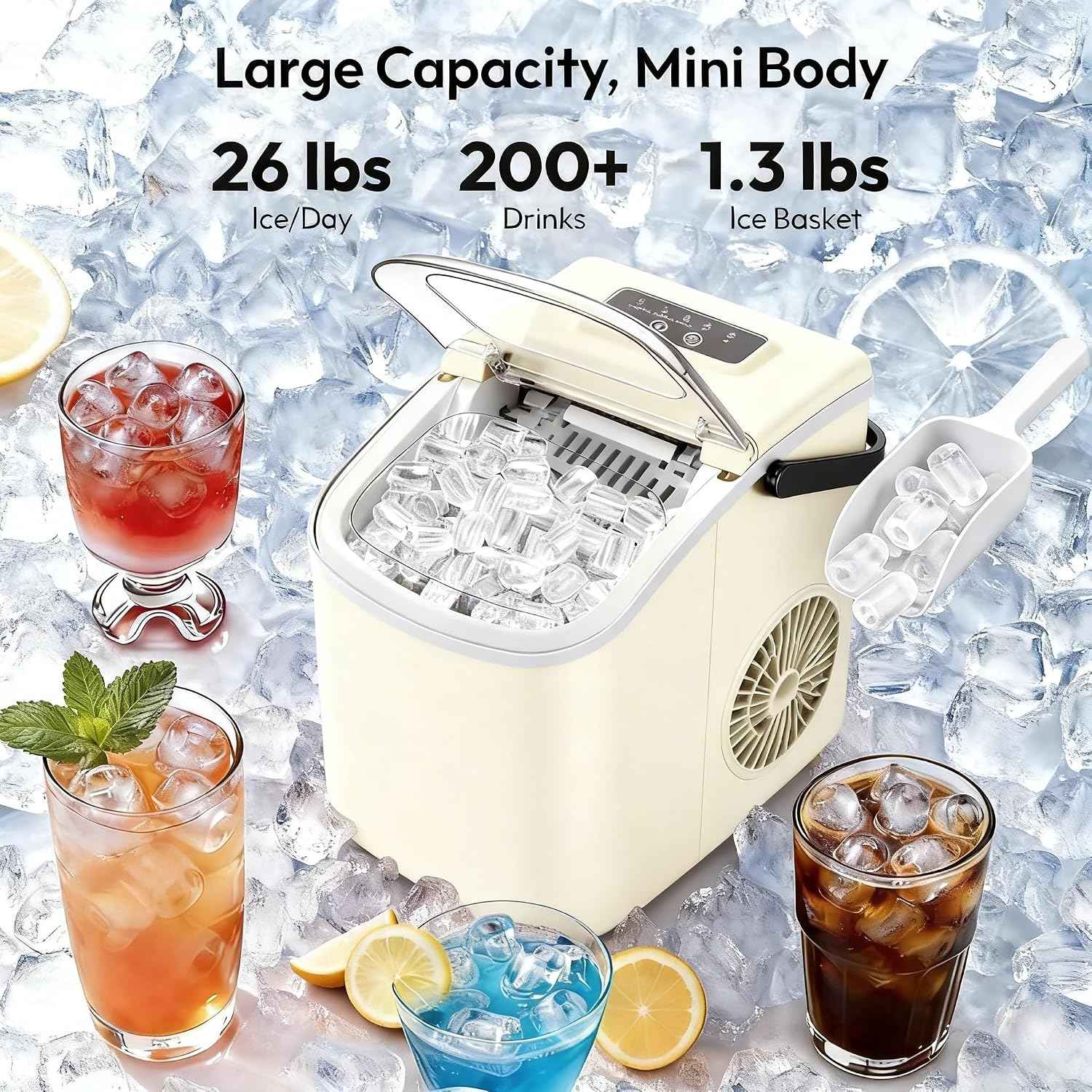 Small Portable Countertop Ice Maker, 26lbs/24H Ice Machine with Self-Cleaning, 6-8 Mins Fast Ice Making,Quiet Operation for Home Kitchen Camping RV