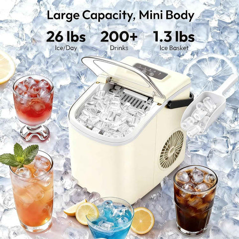 Small Portable Countertop Ice Maker, 26lbs/24H Ice Machine with Self-Cleaning, 6-8 Mins Fast Ice Making,Quiet Operation for Home Kitchen Camping RV