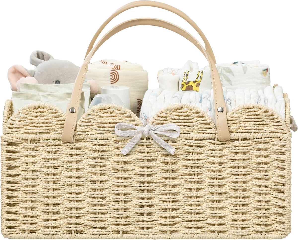 HBlife Large Baby Diaper Caddy, Paper Rope Storage Baskets Nursery Bin with Removable Divider, Portable Car Organizer for Diapers, Baby Shower Gifts, Newborn Essentials Must Haves