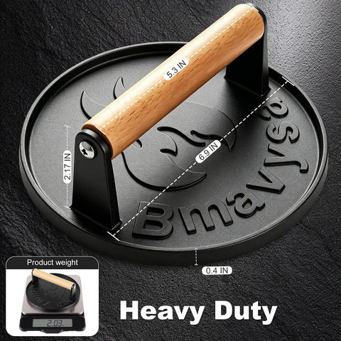 Heavy Duty Cast Iron Smash Burger Grill Press with Wooden Handle