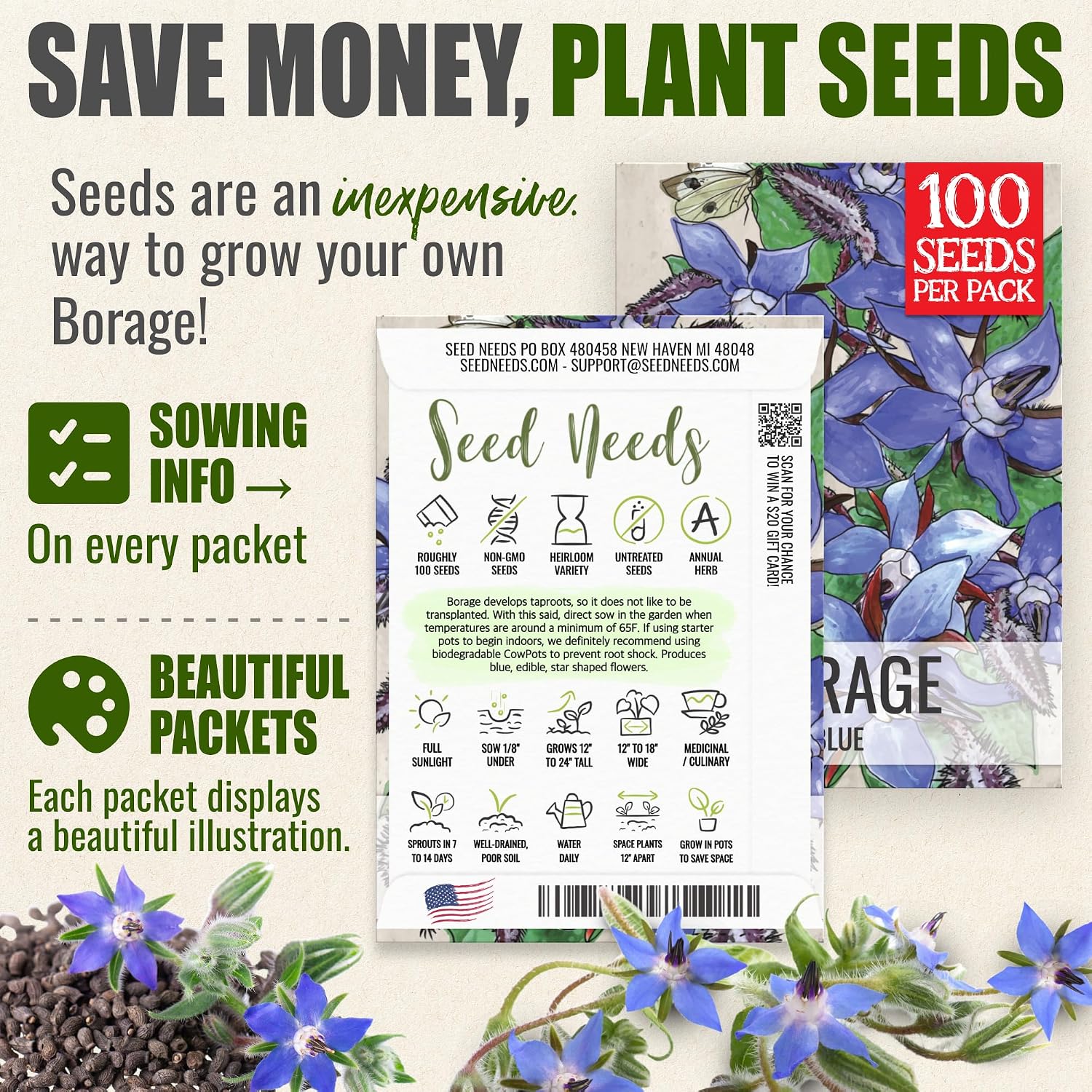 Seed Needs Herb Seeds to Plant Blue Borage - Heirloom Non-GMO Herbs 5 Packs